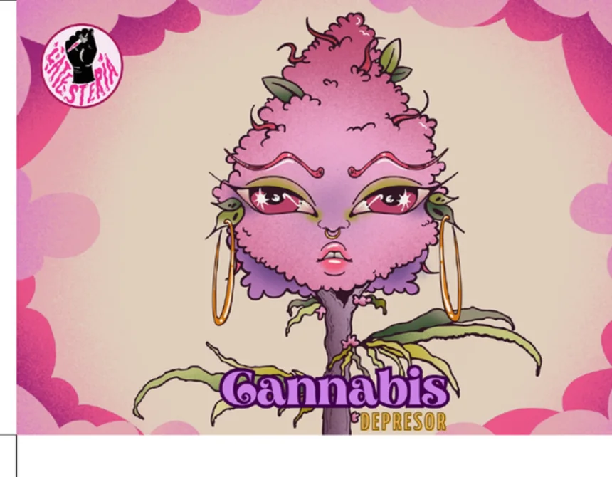 Postal de cannabis: personaje con cabello de cogollo y aretes de argolla.